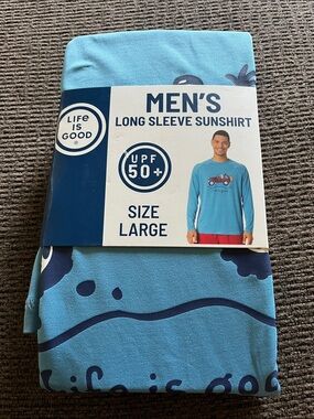 Life Is Good Men's Long Sleeve Sunshirt - Sky Blue with Red Jeep